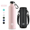 A pink 1000ml stainless steel insulated thermos bottle and a black insulated tumbler with carrying loops.