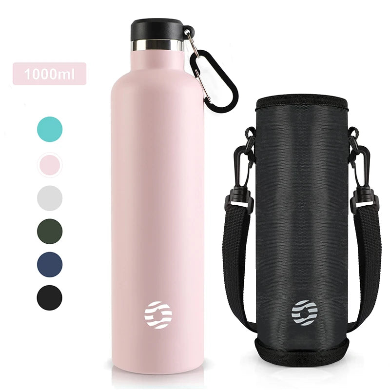 A pink 1000ml stainless steel insulated thermos bottle and a black insulated tumbler with carrying loops.