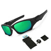 Black polarized sports sunglasses with green lenses and a black storage pouch.