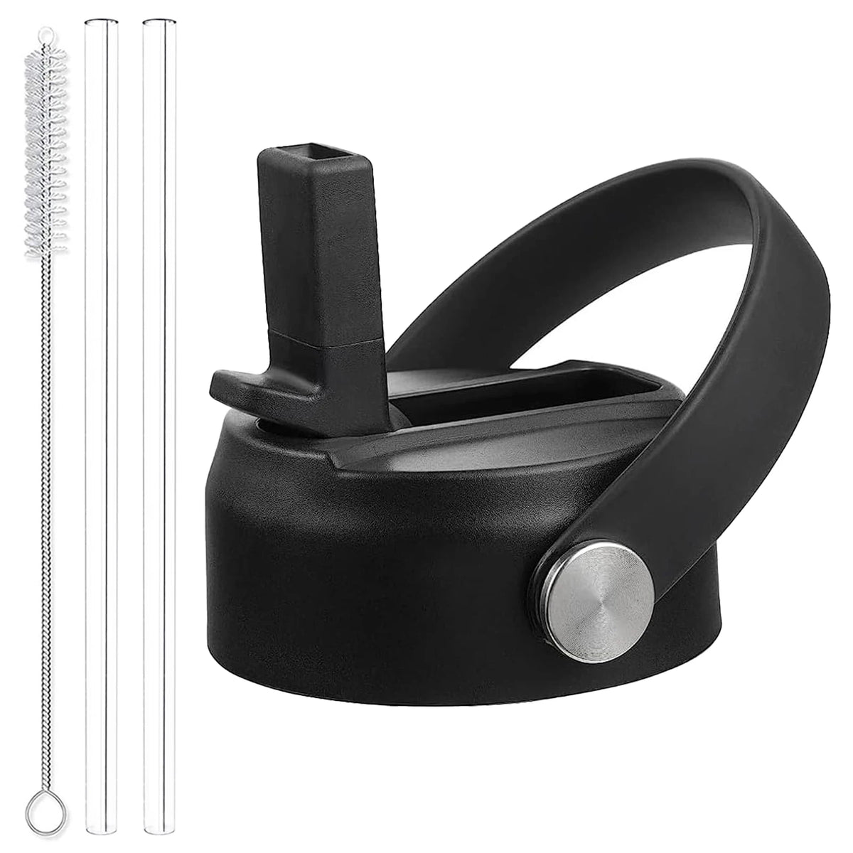 Black secure straw lid for wide mouth bottles with a metal attachment and clear straws.