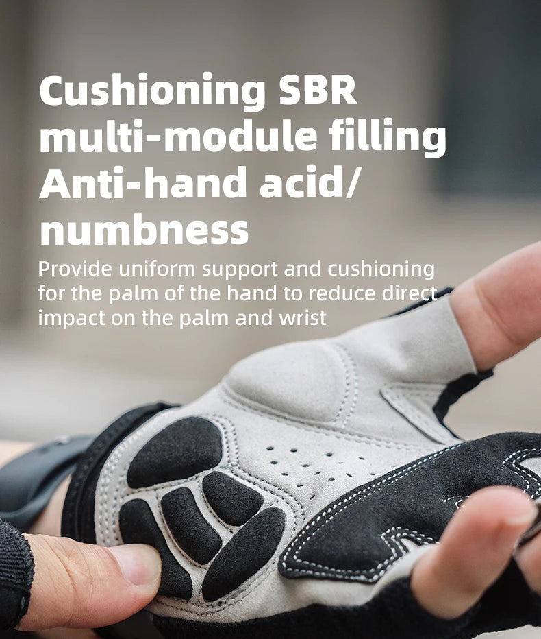 A hand wearing a multi-module filling glove designed for cushioning and numbness protection.