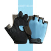 A pair of light blue breathable anti-slip fingerless gloves shown against a light blue background.