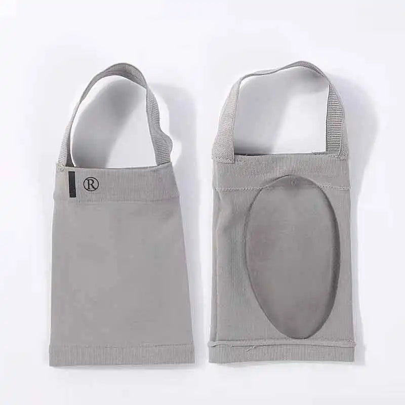 A pair of gray silicone arch support insoles for pain relief, shown from the top.