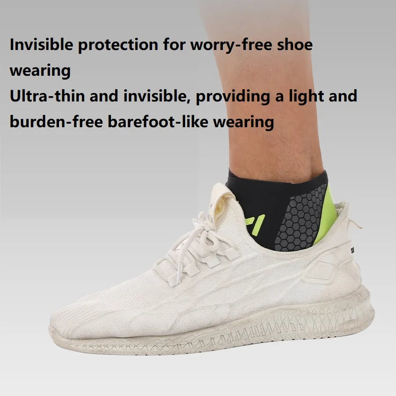 A person wearing a white shoe with an invisible ankle protector on their foot.