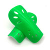 A bright green adjustable EVA soccer shin guard with multiple holes for protection.