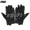 A pair of black tactical gloves with the letters SDFI printed on the palm side.