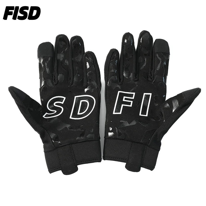 A pair of black tactical gloves with the letters SDFI printed on the palm side.