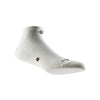 A white performance ankle sock shown from the side, highlighting its ribbed texture and fit.