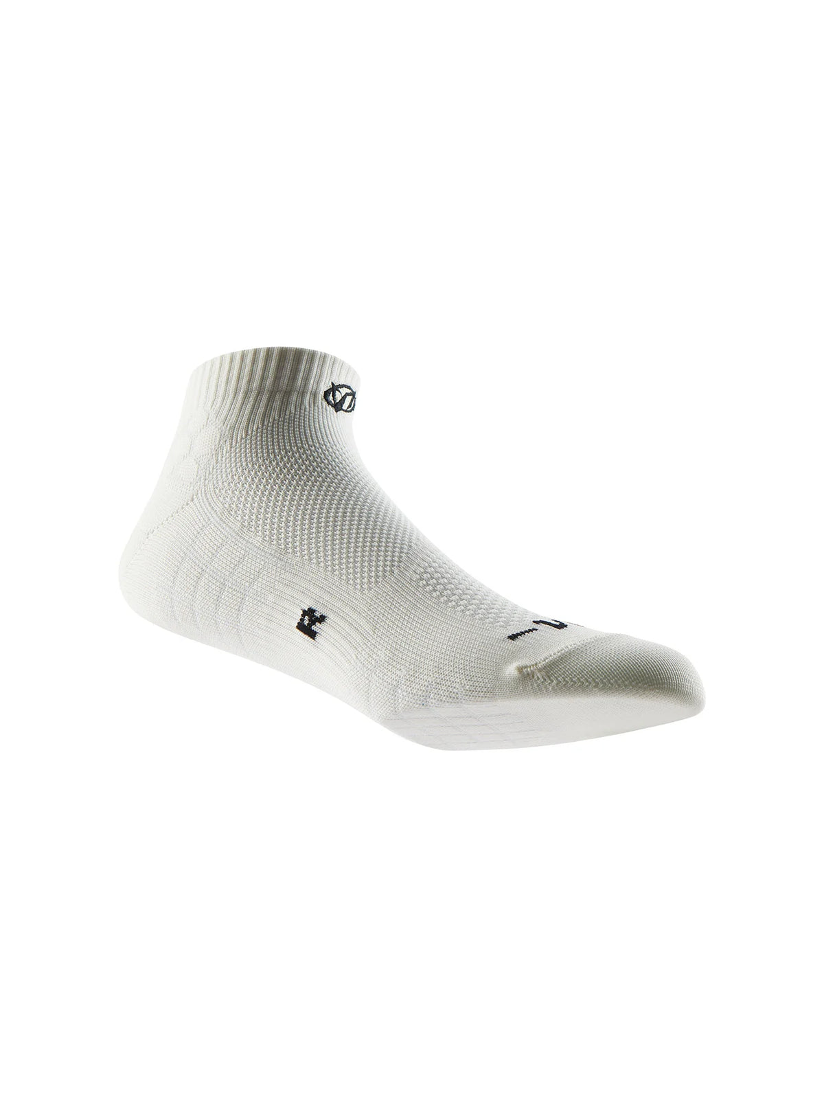 A white performance ankle sock shown from the side, highlighting its ribbed texture and fit.