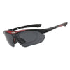 Black polarized sunglasses with red accents and a black strap for outdoor activities