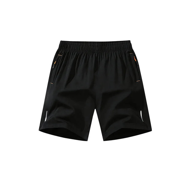 Black men's lightweight quick-dry running shorts shown flat lay.