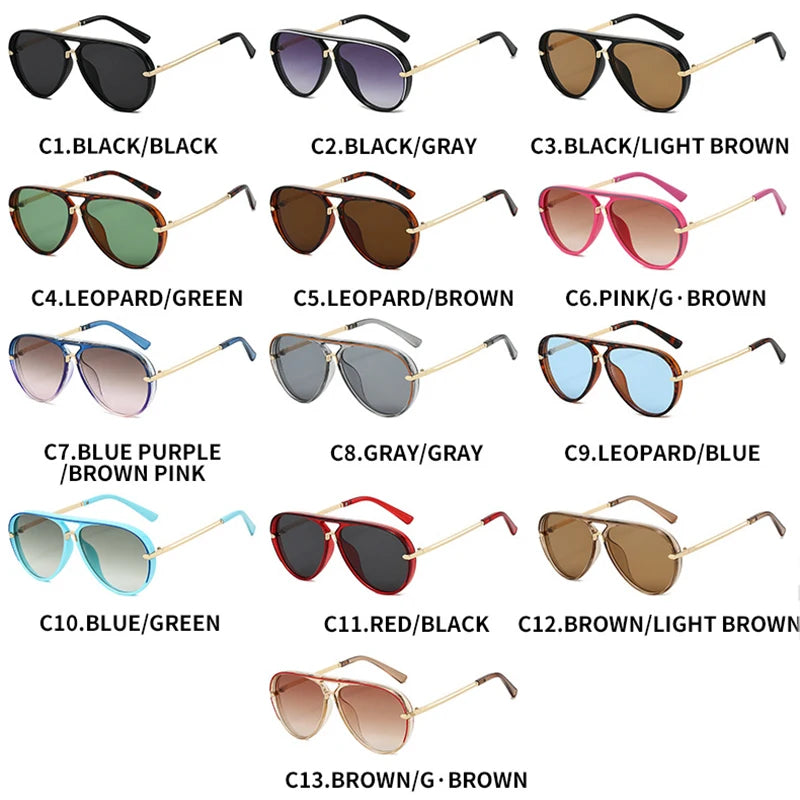 A collection of retro pilot sunglasses in various colors including black, gray, brown, green, pink, and blue.