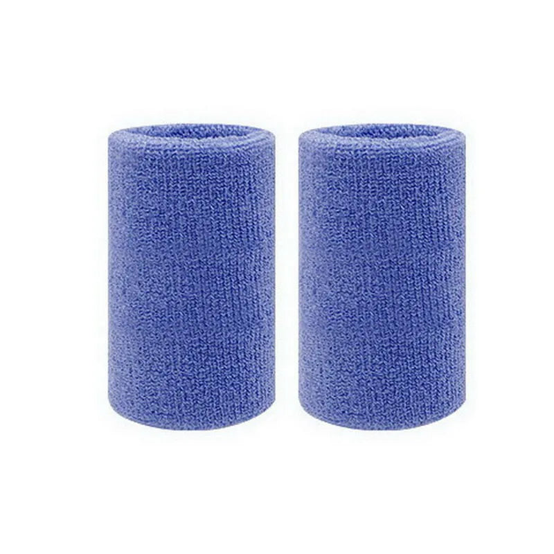 A pair of blue knitted wristbands designed for sweat absorption.