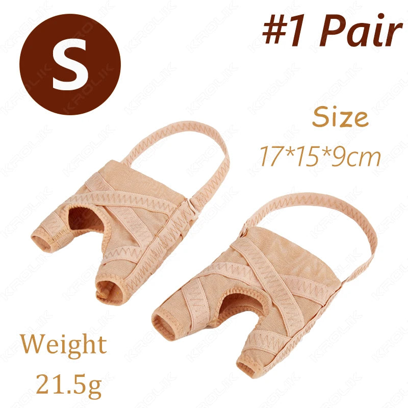 A pair of beige adjustable toe corrector and separator for foot health, shown with size and weight details.