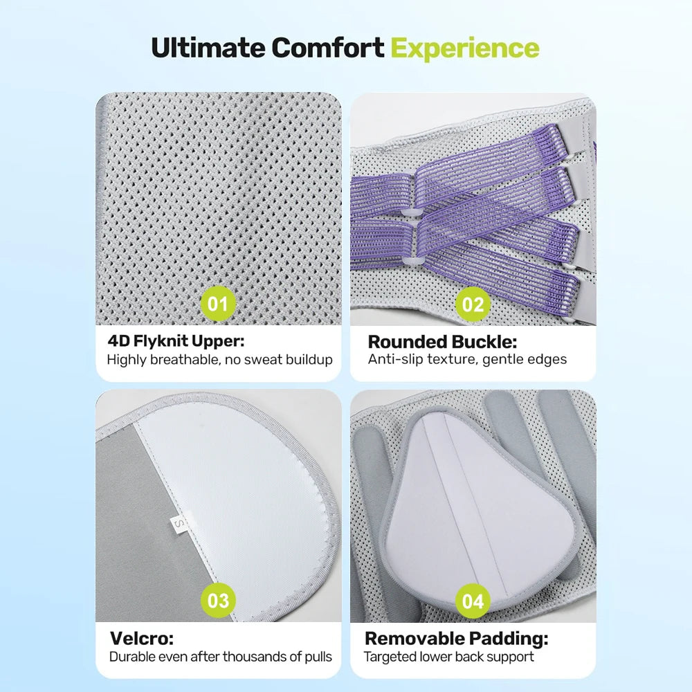 Close-up view of an ergonomic lumbar support brace showing its features including a 4D Flyknit upper, rounded buckle, velcro,