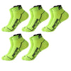 A pack of five bright lime green athletic socks with black text and mesh fabric displayed on a white background.
