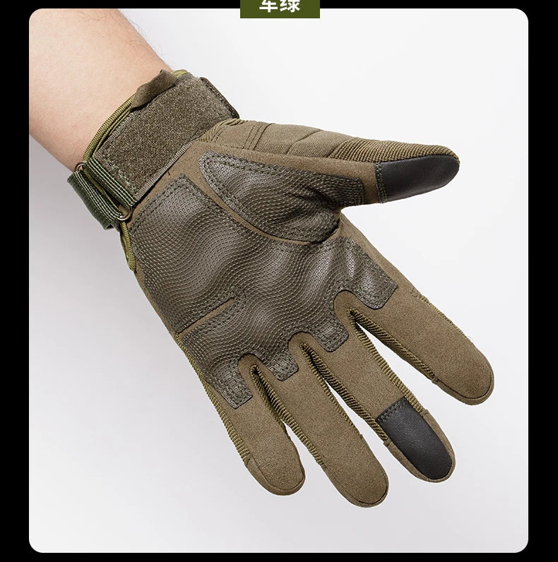 A close-up of olive green tactical full finger gloves worn on a hand.