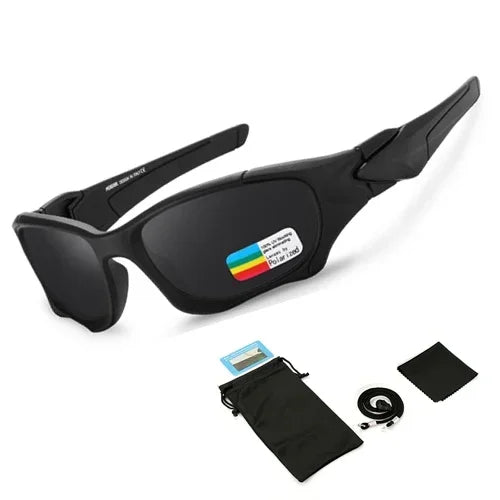 A pair of black polarized sports sunglasses with UV400 protection shown against a white background.