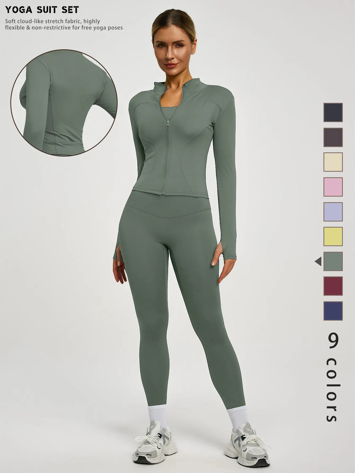 Modelin trägt einfarbiges olivgrünes Yoga-Sportset mit langärmeligem Oberteil und Leggings.