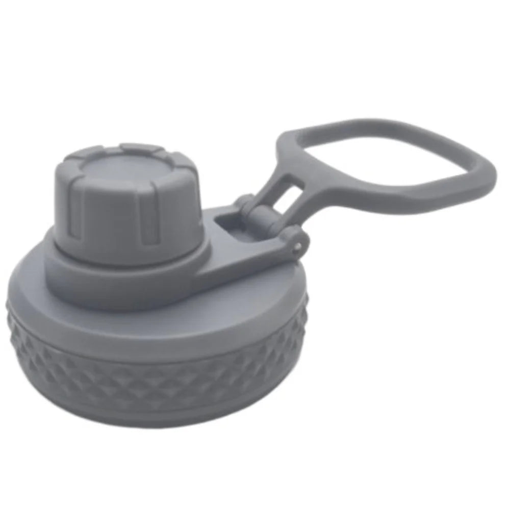 Gray leakproof silicone lid with a hinged cap and a threaded base.