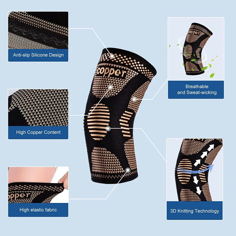A black copper knee compression sleeve featuring anti-slip silicone design, high copper content, elastic fabric, and 3D knitt