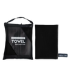 A black microfiber towel bag and a folded black microfiber towel are shown side by side.