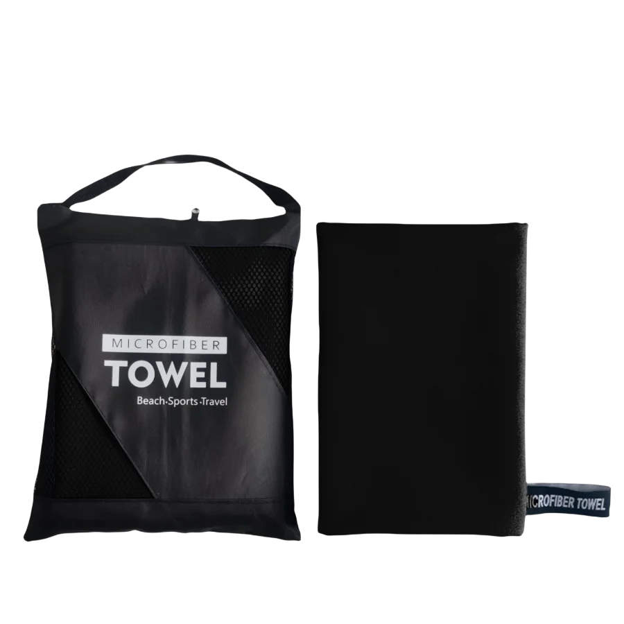 A black microfiber towel bag and a folded black microfiber towel are shown side by side.