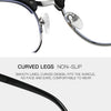 A pair of black retro anti-blue light computer glasses with silicone nose pads and curved legs shown in detail.
