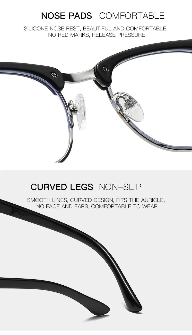 A pair of black retro anti-blue light computer glasses with silicone nose pads and curved legs shown in detail.