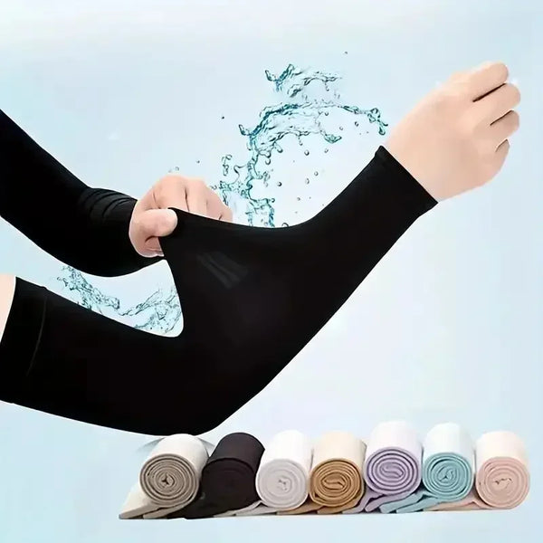 A hand wearing a black cooling sun protection arm sleeve is shown in a dynamic pose against a light blue background.