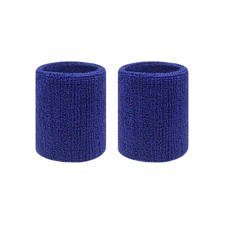 A pair of dark blue knitted sports wristbands for sweat absorption.