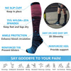 A black compression sock showing features like no slip cuff, ankle protection, reinforced toe, and reinforced heel.
