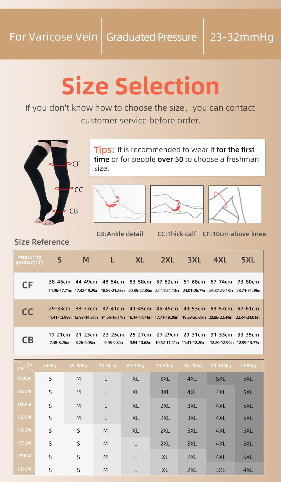 Size selection chart for varicose vein medical compression stockings in graduated pressure