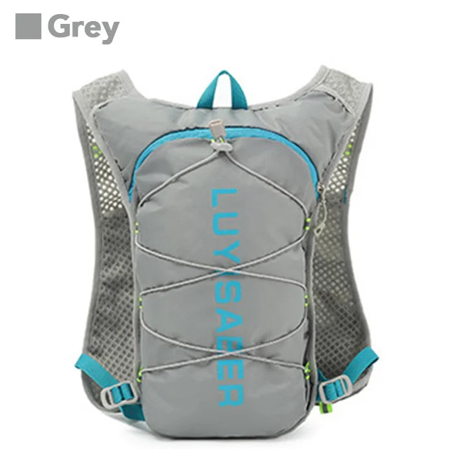 Grey outdoor running and cycling backpack with blue accents