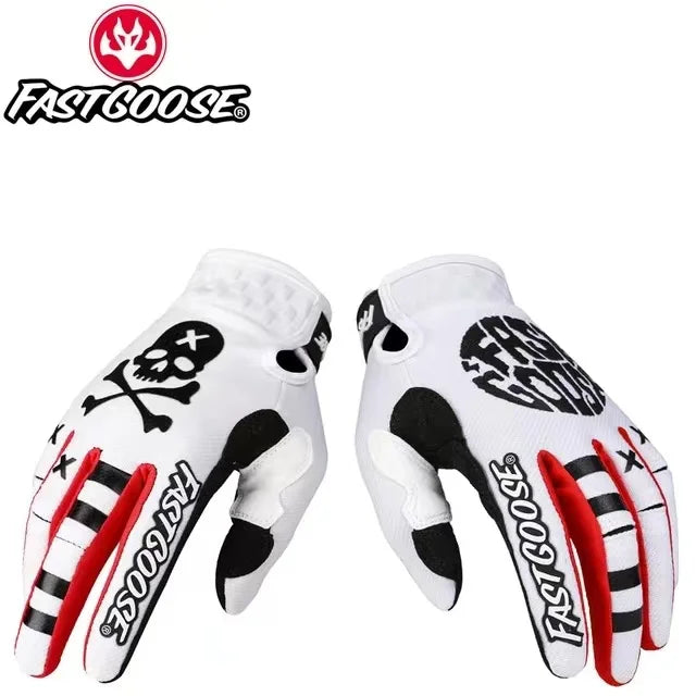 A pair of white and black FastGoose full-finger motocross and off-road cycling gloves shown against a white background.