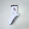 Weiße Strick-Yoga- und Fitnesssocken mit schwarzem Zier und kleinem Herzdesign.