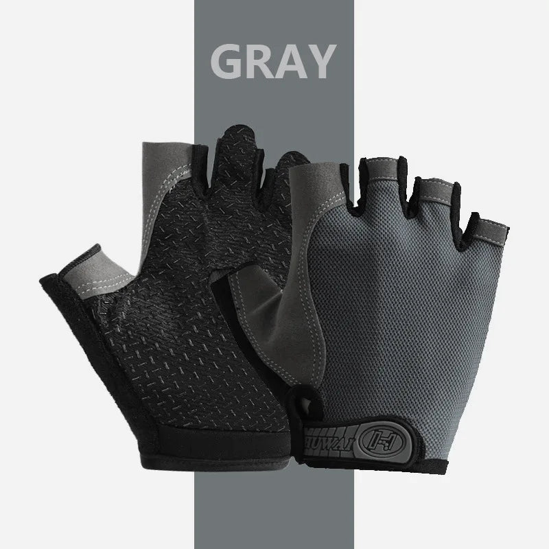 A pair of gray fingerless gloves for sports and outdoor activities shown against a light gray background.