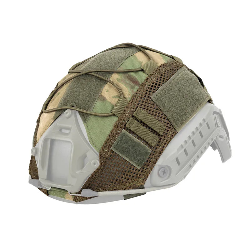 A tactical helmet cover featuring a camouflage pattern of green and brown fabric.