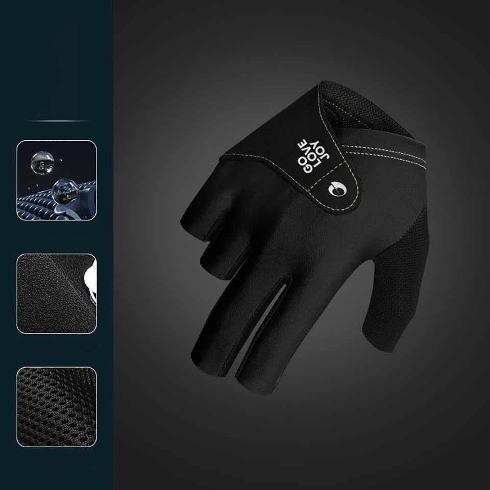 A black 3-finger snooker pool glove shown against a dark gray background.