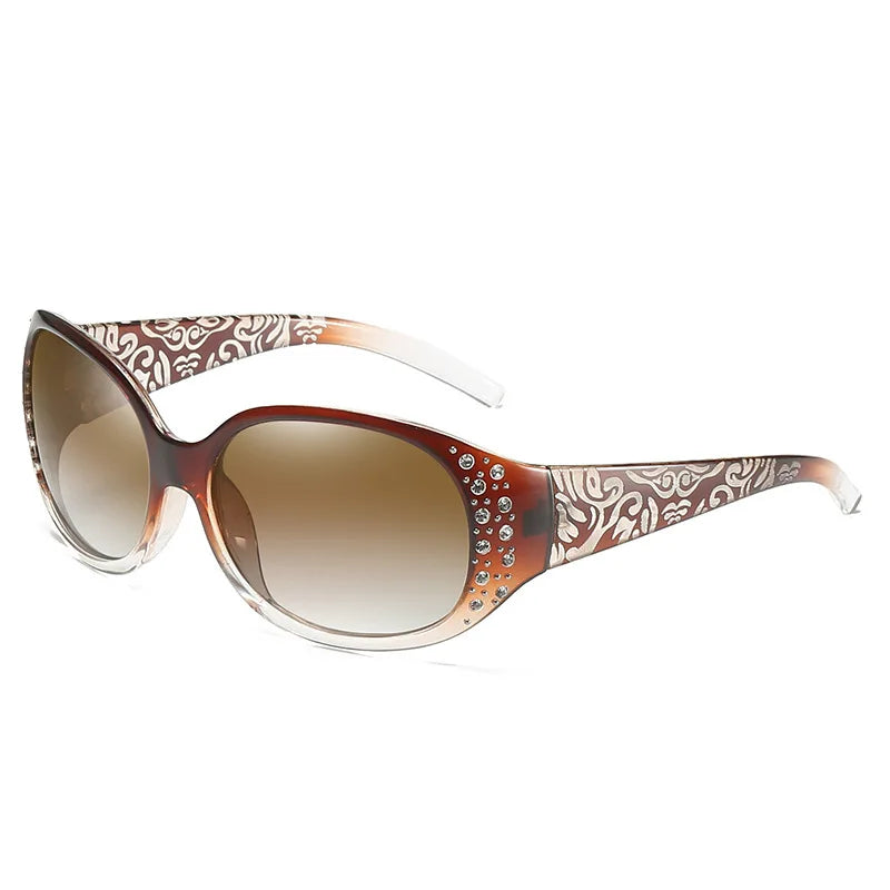Brown tortoiseshell sunglasses with diamond-inlaid detailing and UV400 protection