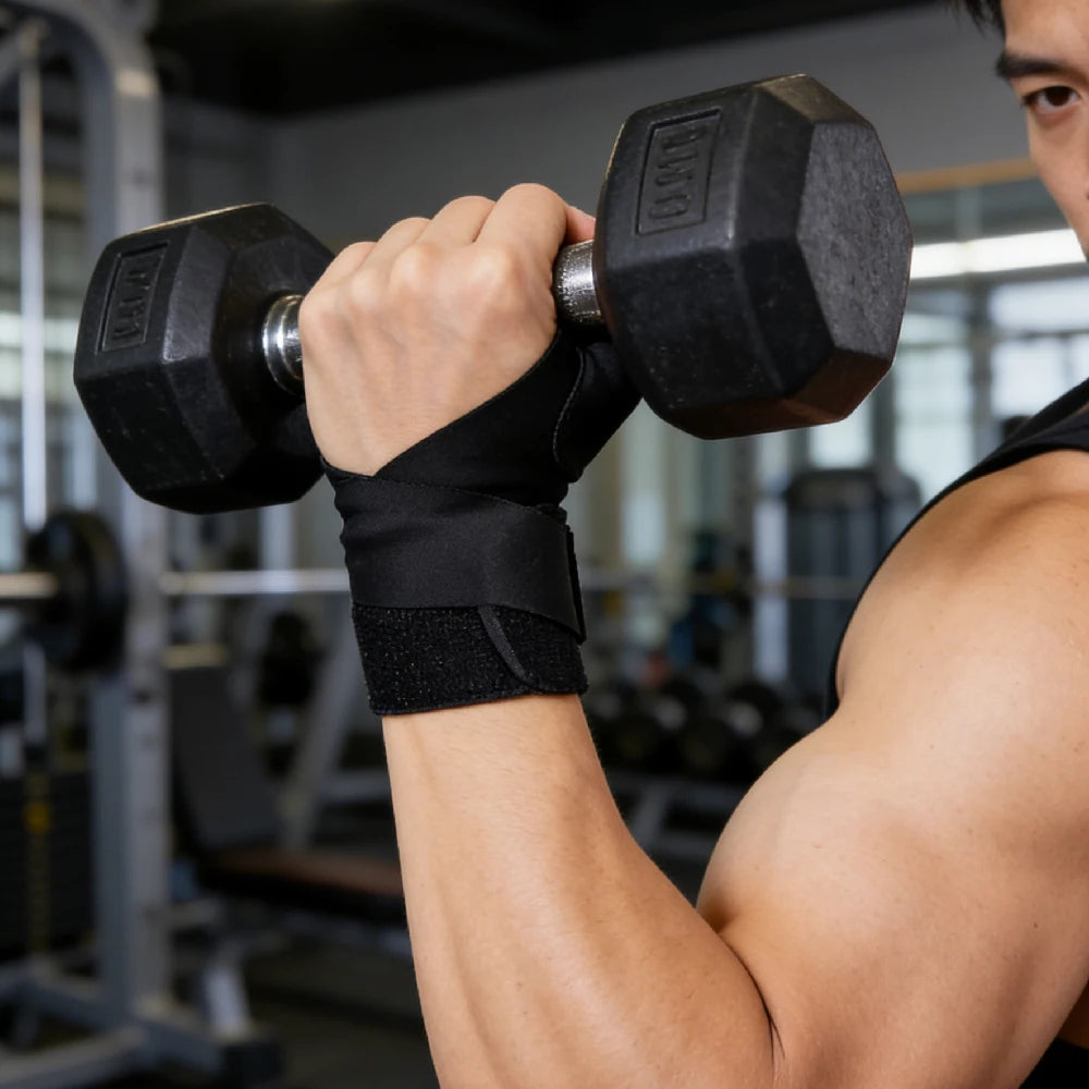 A person lifts a black dumbbell with an adjustable thumb wrist support brace in a gym setting.