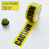 Yellow caution tape roll with black lettering and dimensions listed on a white background.