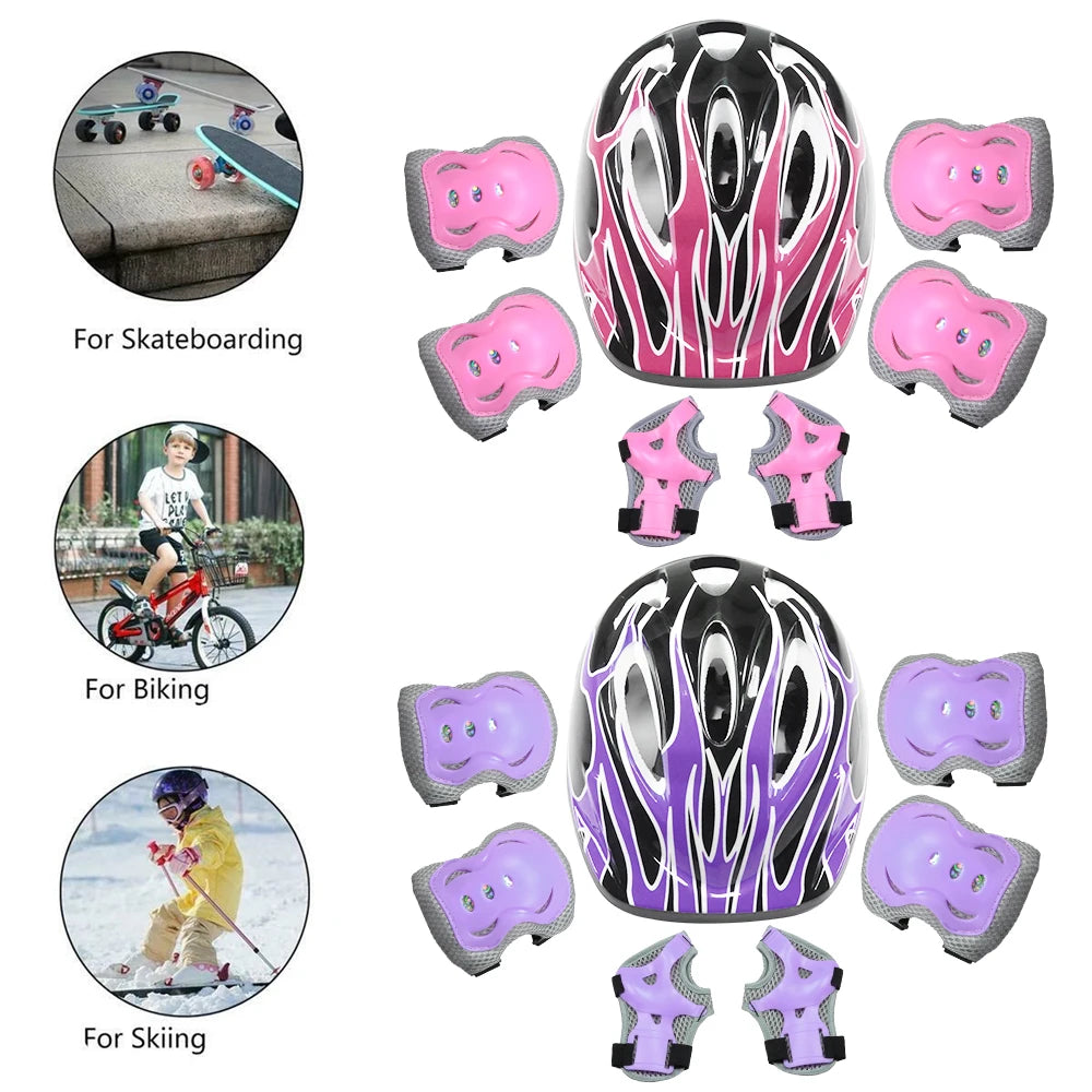 A set of multi-sport protective helmets in pink and purple for skateboarding, biking, and skiing.