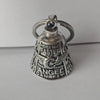 Silver bell pendant with a loop, engraved with 'NEVER KID FASTER' and 'YOUR ANGEL CAN FLY'.