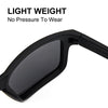 Black polarized sunglasses shown in a close-up view with text indicating light weight and no pressure to wear