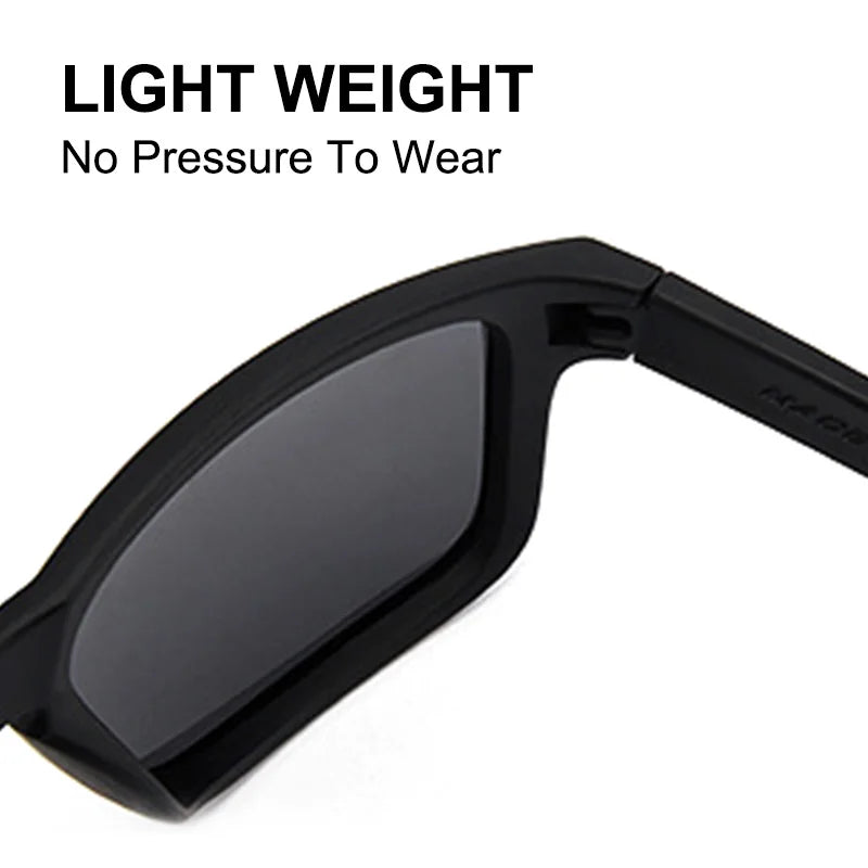 Black polarized sunglasses shown in a close-up view with text indicating light weight and no pressure to wear
