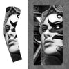 A close-up portrait of a woman wearing black ice silk sun protection arm sleeves.