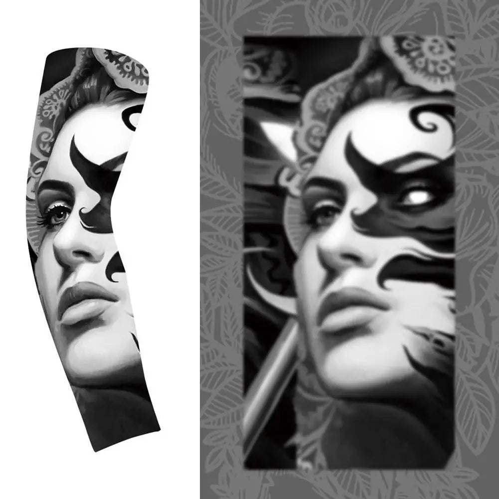 A close-up portrait of a woman wearing black ice silk sun protection arm sleeves.