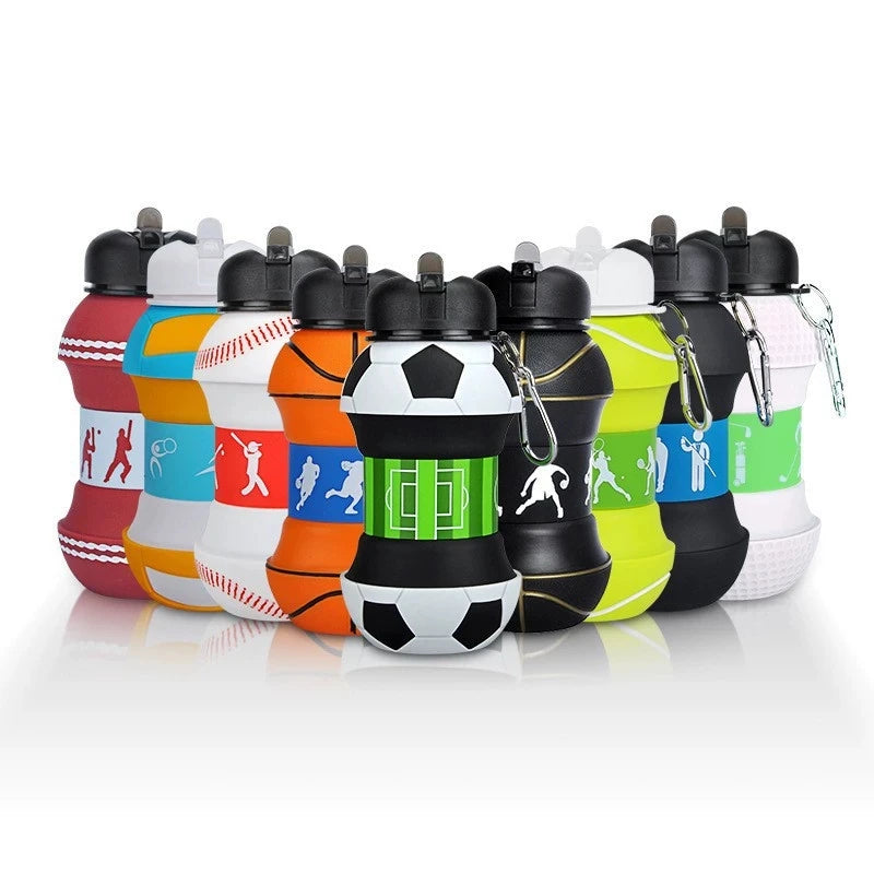 A row of colorful foldable silicone sports water bottles in various colors and designs.