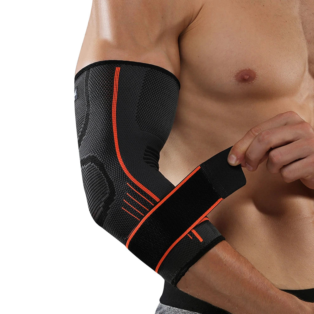 Black elbow support compression sleeve worn on a muscular arm.